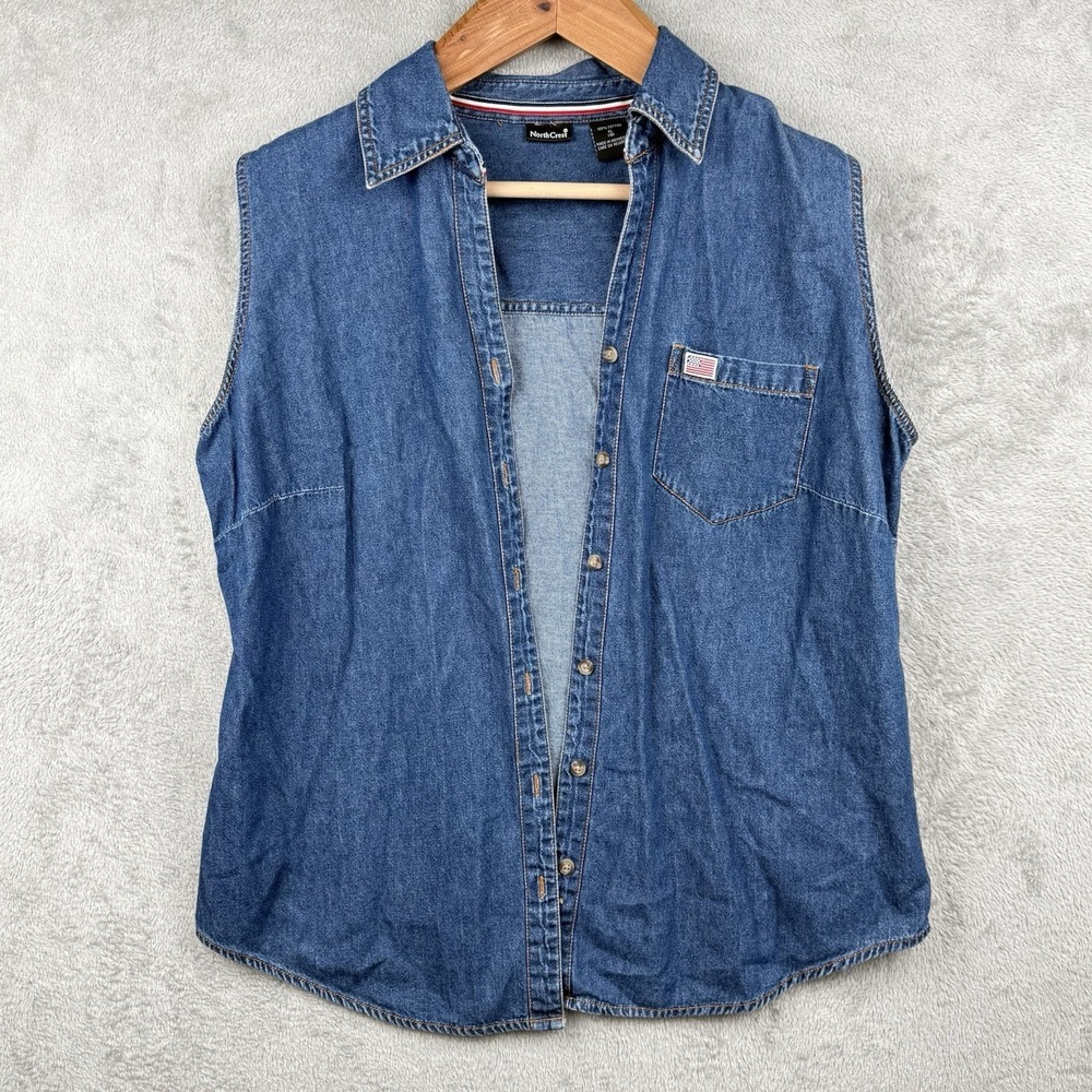 Northcrest Embroidered Flag Blue Denim Shirt Womens XL Americana Vintage 90s